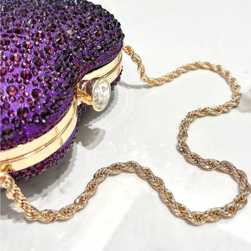 Purple Heart Shaped Rhinestone Inlaid, Metal Chain Strap Handbag / Clutch - Picture 8 of 15